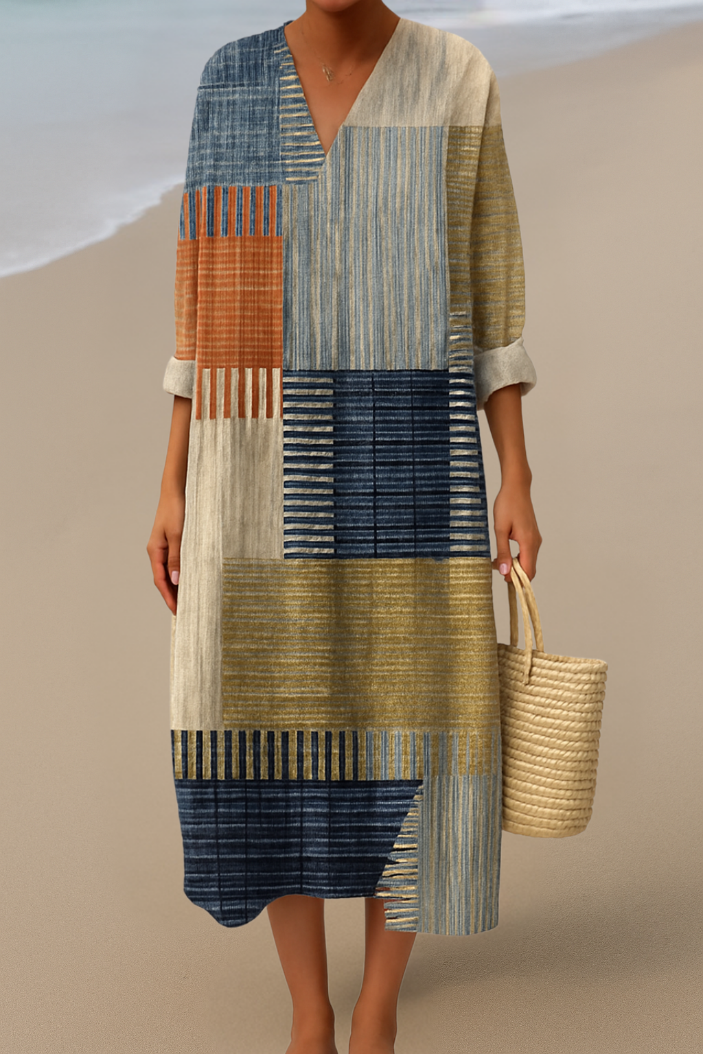 Patchwork Maxi Dress – Natural Tones for a Bohemian Look