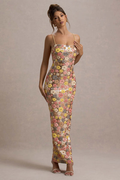 SELVIANA Abito lungo floreale con paillettes